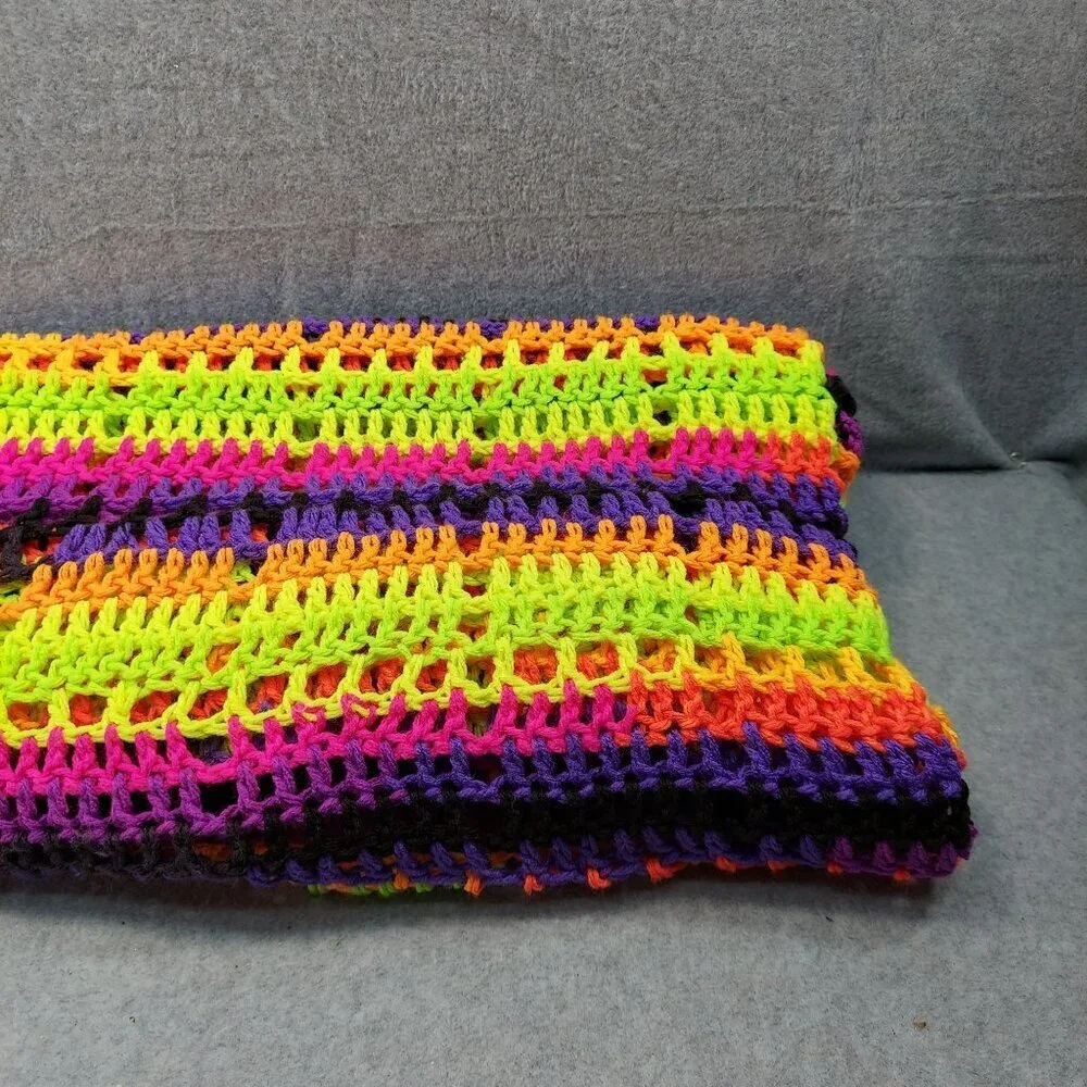 Handmade Neon Crochet Blanket Throw Vibrant Striped Pattern Multi-Color Soft Lig